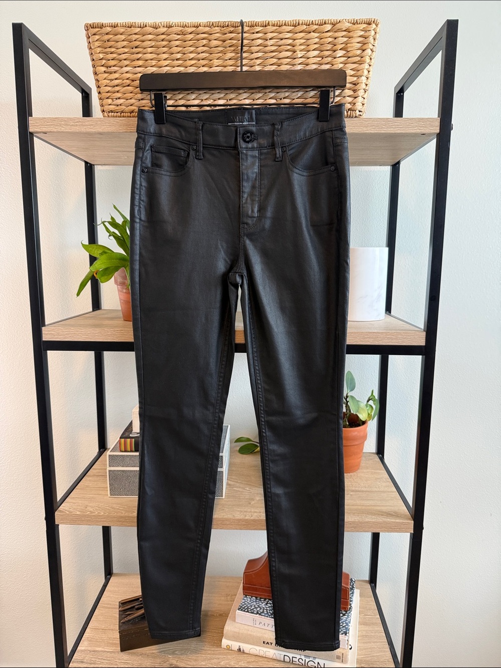 White House Black Market High-Rise Waxed Black Denim Skinny Jeans, 4